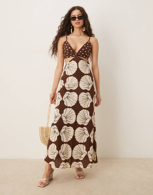 Abercrombie & Fitch Julia Slip Cutout Maxi Dress in Brown Print - Large