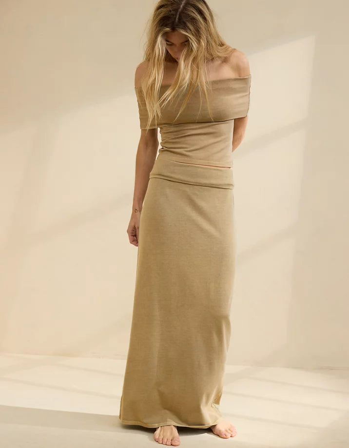 Aerie Chill Up Foldover Maxi Skirt in Soft Stone - Large