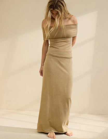 Aerie Chill Up Foldover Maxi Skirt in Soft Stone - Large