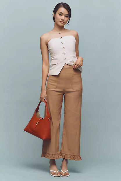 Anthropologie Maeve The Colette Ruffle Hem Wide Leg Pants in Tan - 30