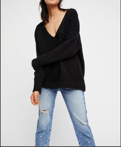 Free People Lofty V-Neck Pullover Sweater in Black - XS