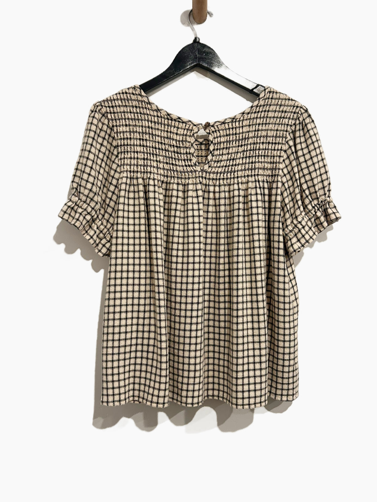 Marine Layer Elena Smocked Top in Parchment/Black Windowpane - Medium