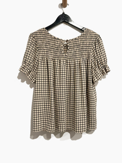 Marine Layer Elena Smocked Top in Parchment/Black Windowpane - Medium