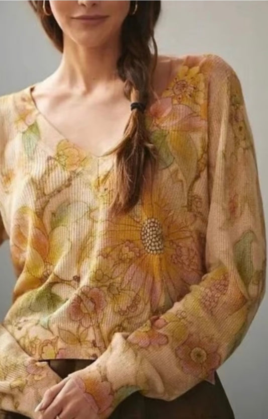 Anthropologie V Neck Floral Sweater - XL