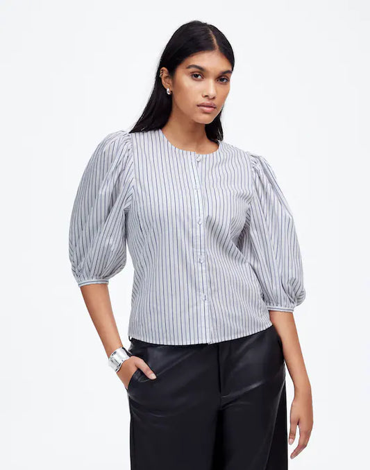 Madewell Puff-Sleeve Button-Up Top in Dark Blue And White Stripe - 4