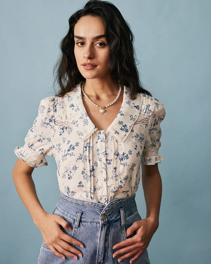 Rihoas Lace Spliced Pleated Floral Shirt - XS