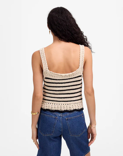 Madewell Crochet-Stitch Cotton Sweater Tank in Natural & Black Stripe - Small