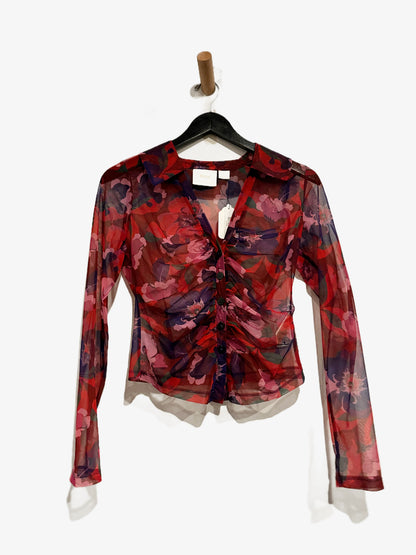 Anthropologie Maeve Floral Ruched Mesh Shirt - Small