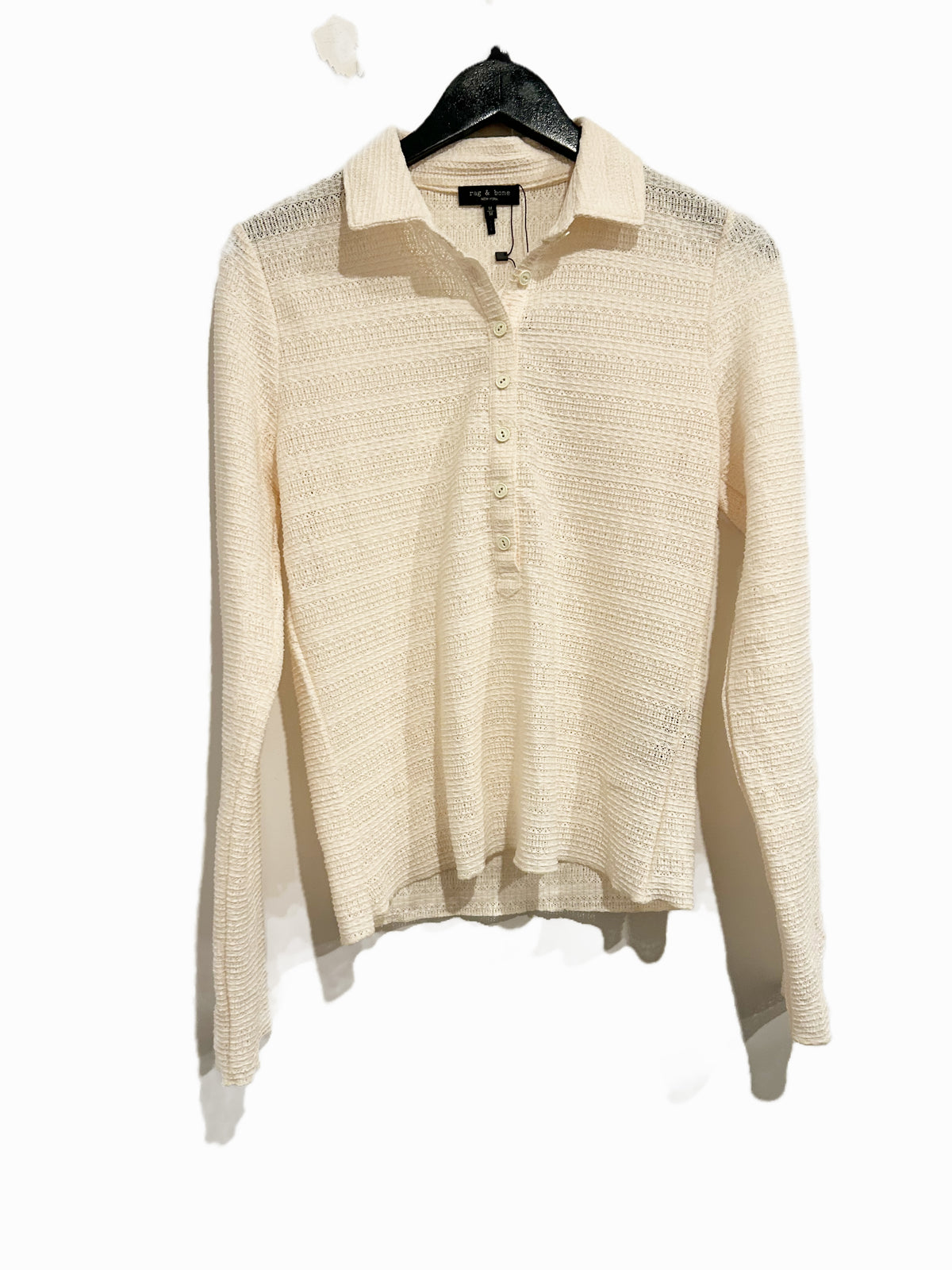 Rag & Bone Julia Pointelle Knit Long Sleeve Polo in Ivory - Medium