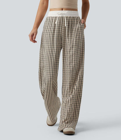Halara Mid Rise Drawstring Wide Leg Baggy Pants in Oatmeal Khaki Plaid - Large