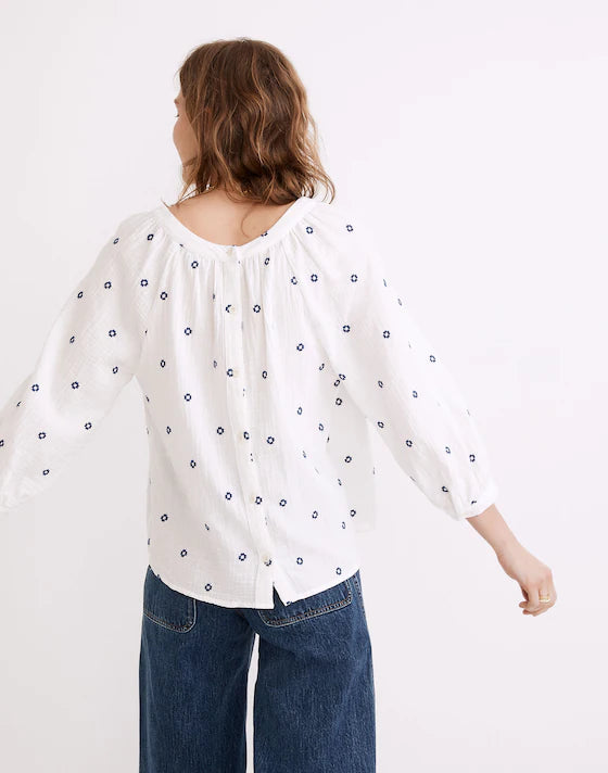 Madewell Embroidered Lightspun Wide-Neck Cuffed-Sleeve Top in Saratoga Blue - XXS