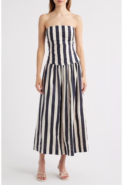 Moon River Stripe Ruched Strapless Midi Dress in Navy/White - Medium