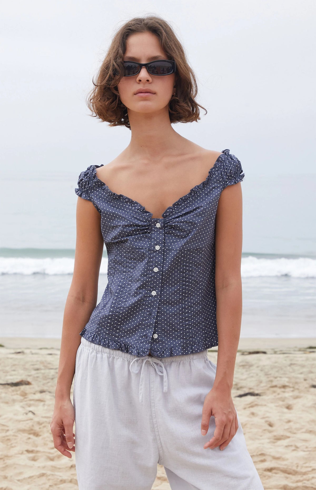 John Galt Elena Blue Polka Dot Top
