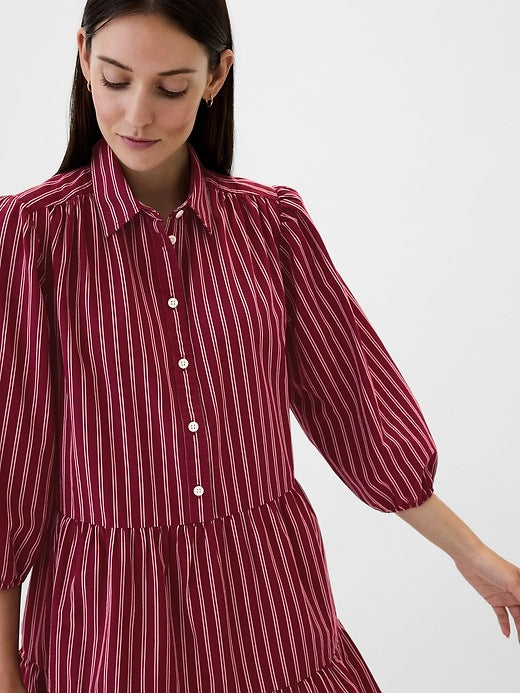 Gap Tiered Poplin Puff Sleeve Mini Dress in Burgundy Stripe - Large