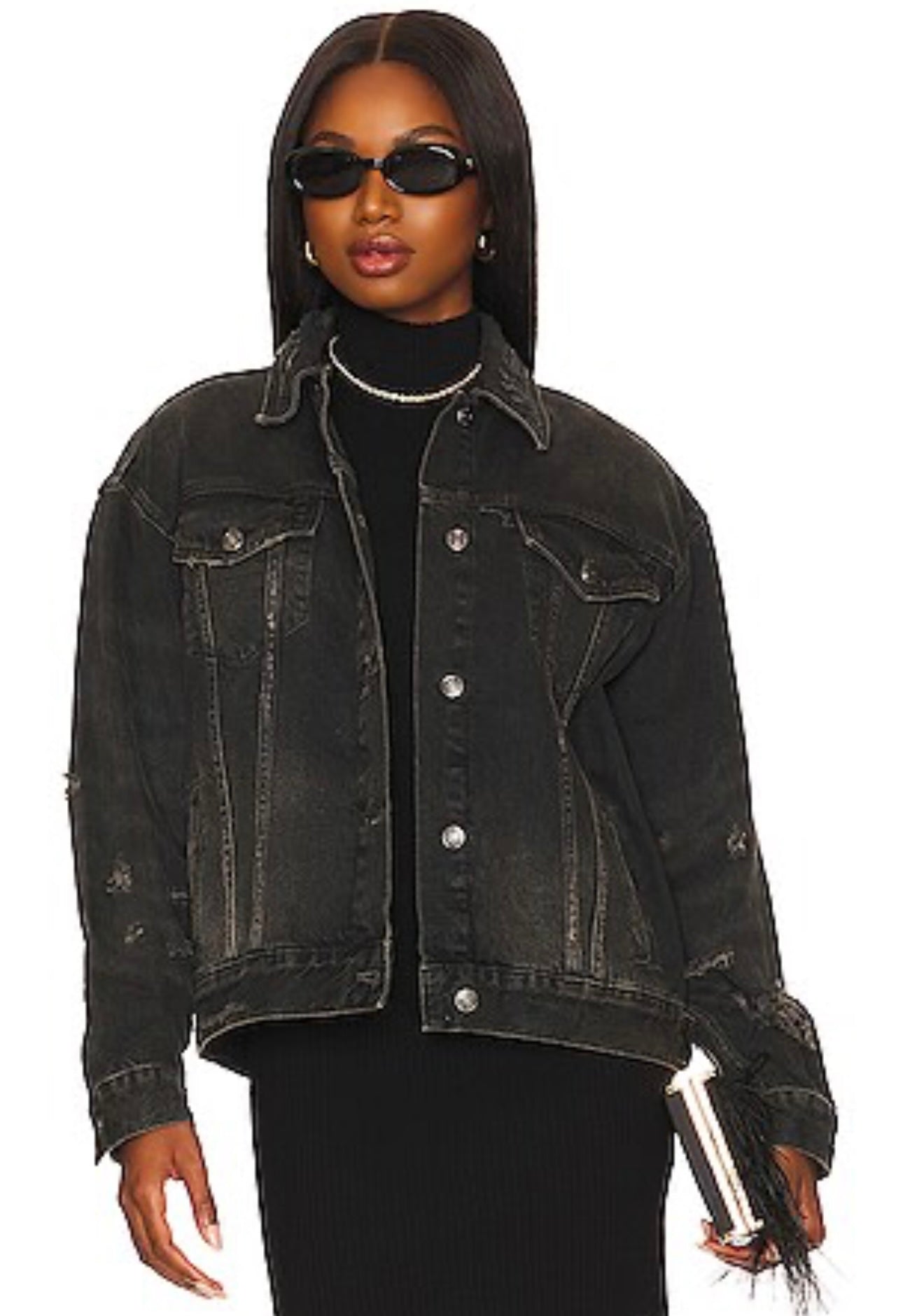 Free People Black Distressed Denim Jacket - Small