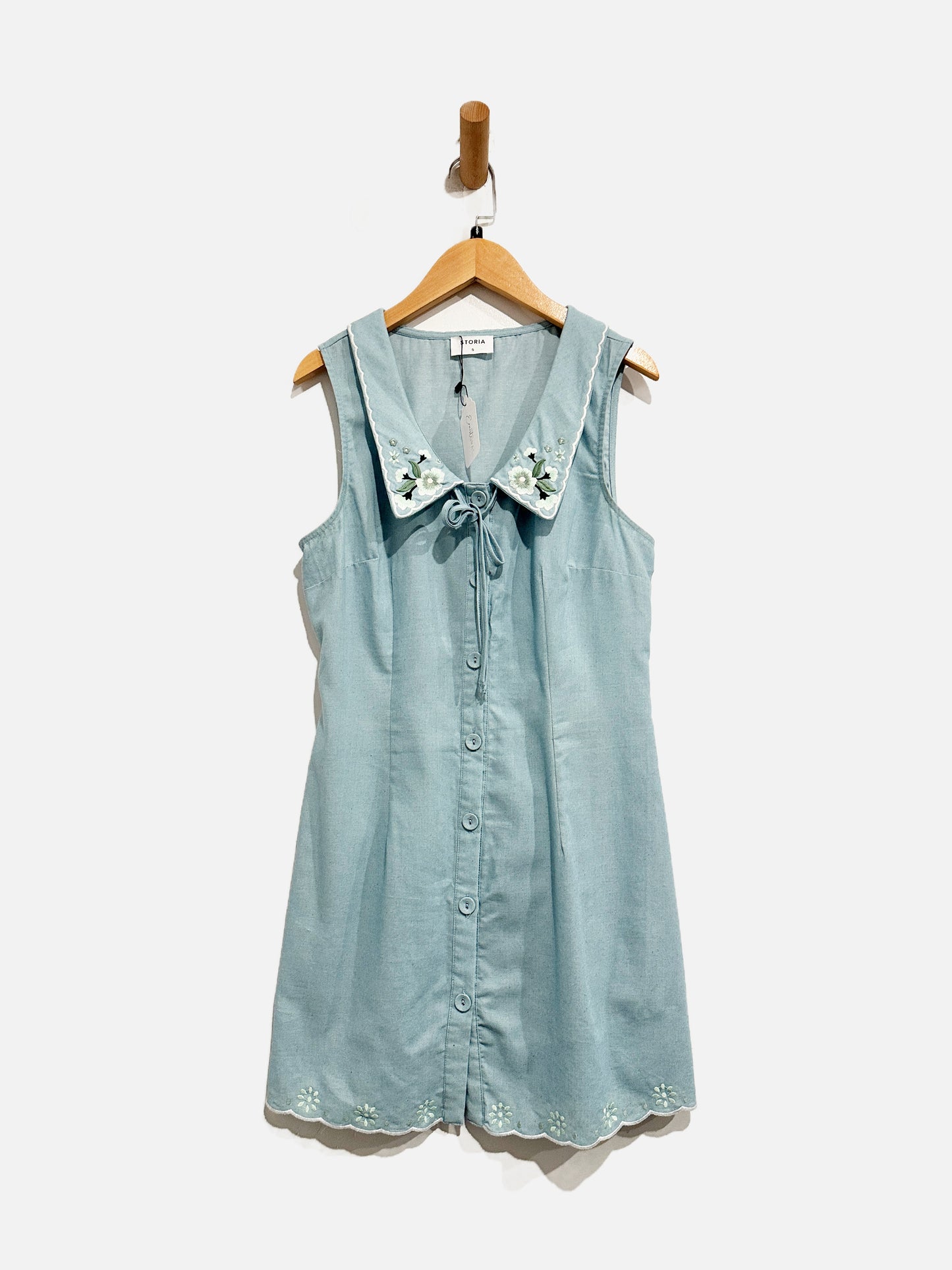 Storia Blue Embroidered Button Down Dress - Small
