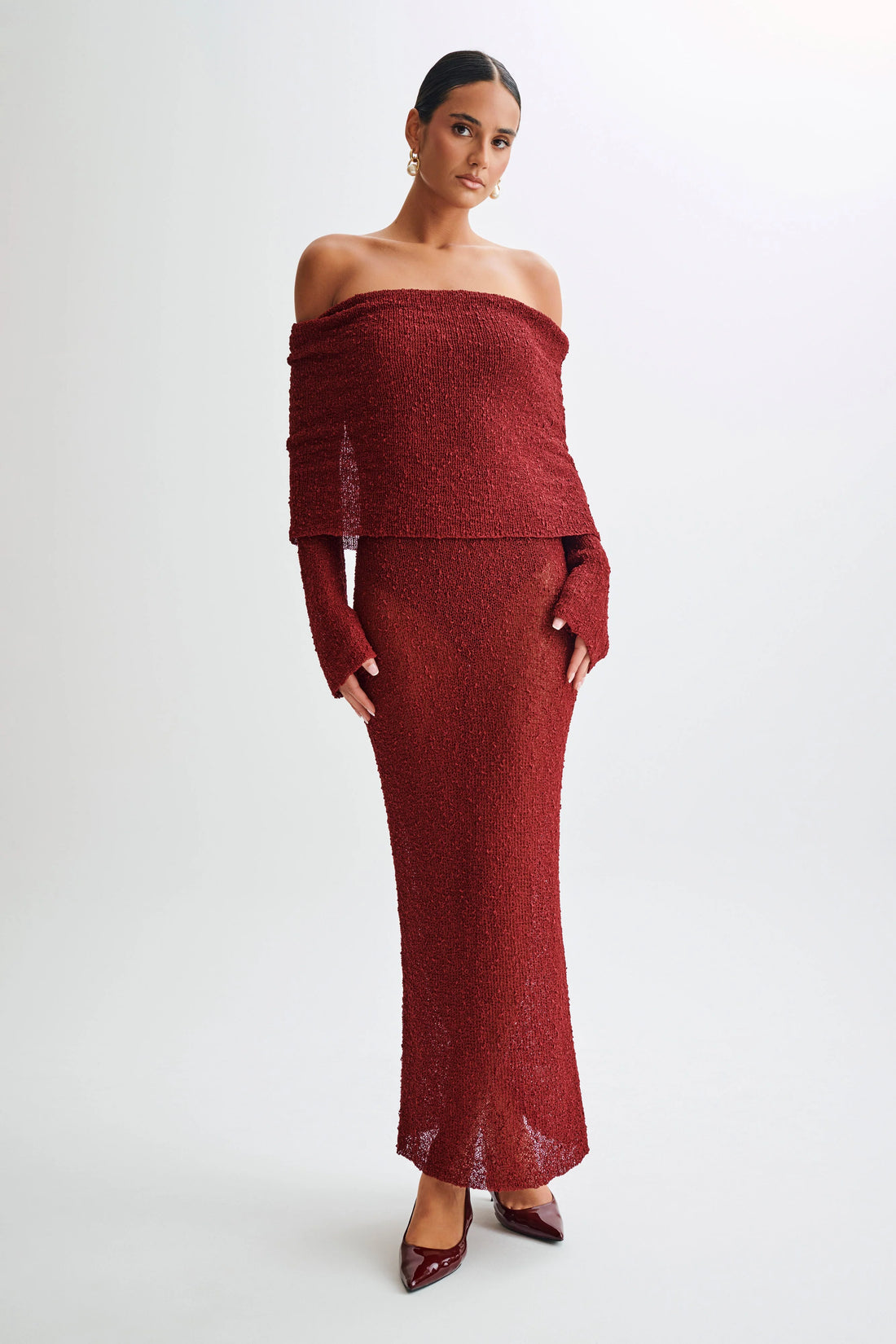 NWT Meshki Marisol Off Shoulder Boucle Maxi Dress in Plum - Small