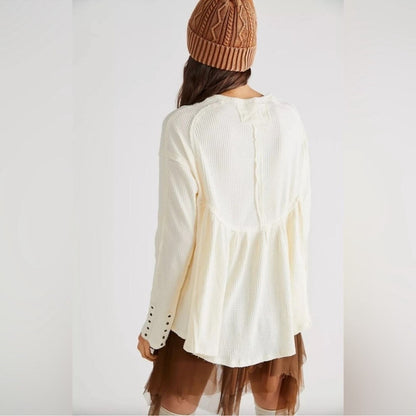 Free People Cream Waffle Knit Babydoll Top - XS