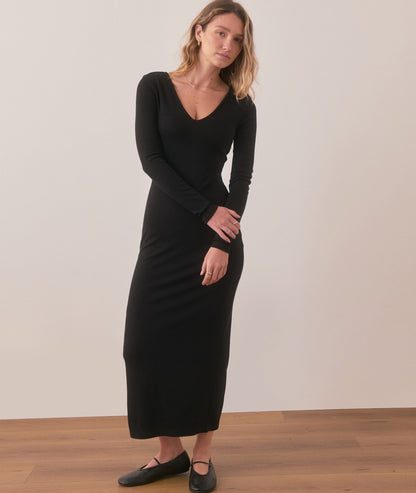 Marine Layer Lexi Rib V-Neck Maxi Dress in Black - Medium