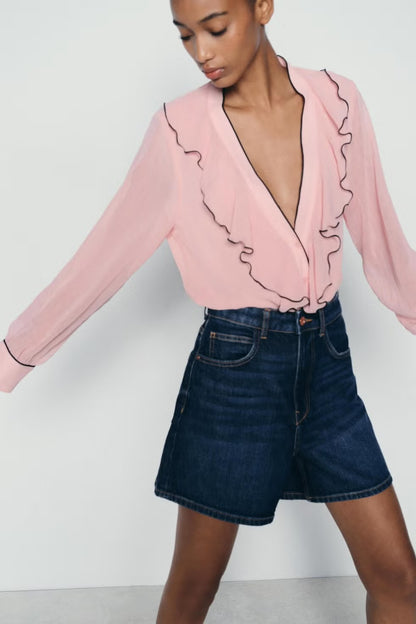 Zara Contrast Piping Ruffled Blouse - Large