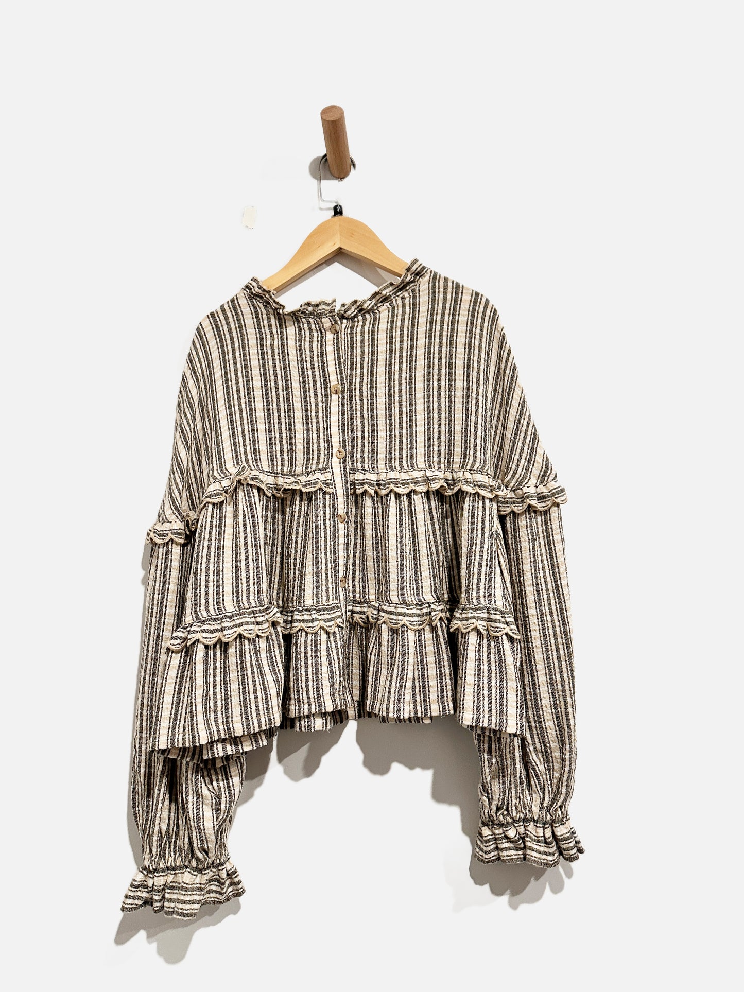 Anthropologie Pilcro Tan and Black Stripe Ruffle Blouse - Medium