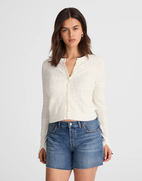 Madewell Pointelle-Stitch Cardigan in Ivory and Black Combo - Large