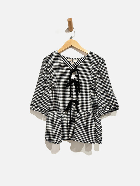 Monteau NWT Black Gingham Tie Front Blouse - Large