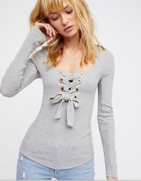 Free People Looking Back Lace-Up Top in Gray - XS
