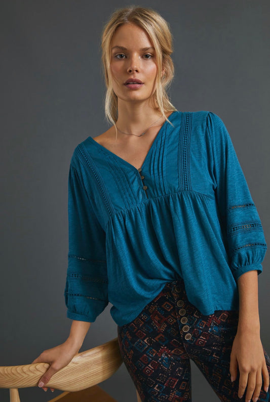Anthropologie Kaye Pintucked Babydoll Top in Blue - Medium