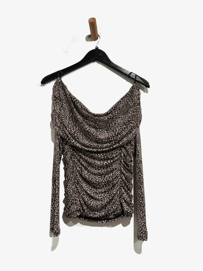 WHBM Off-The-Shoulder Mesh Top in Joyful Leopard Taupe - Medium