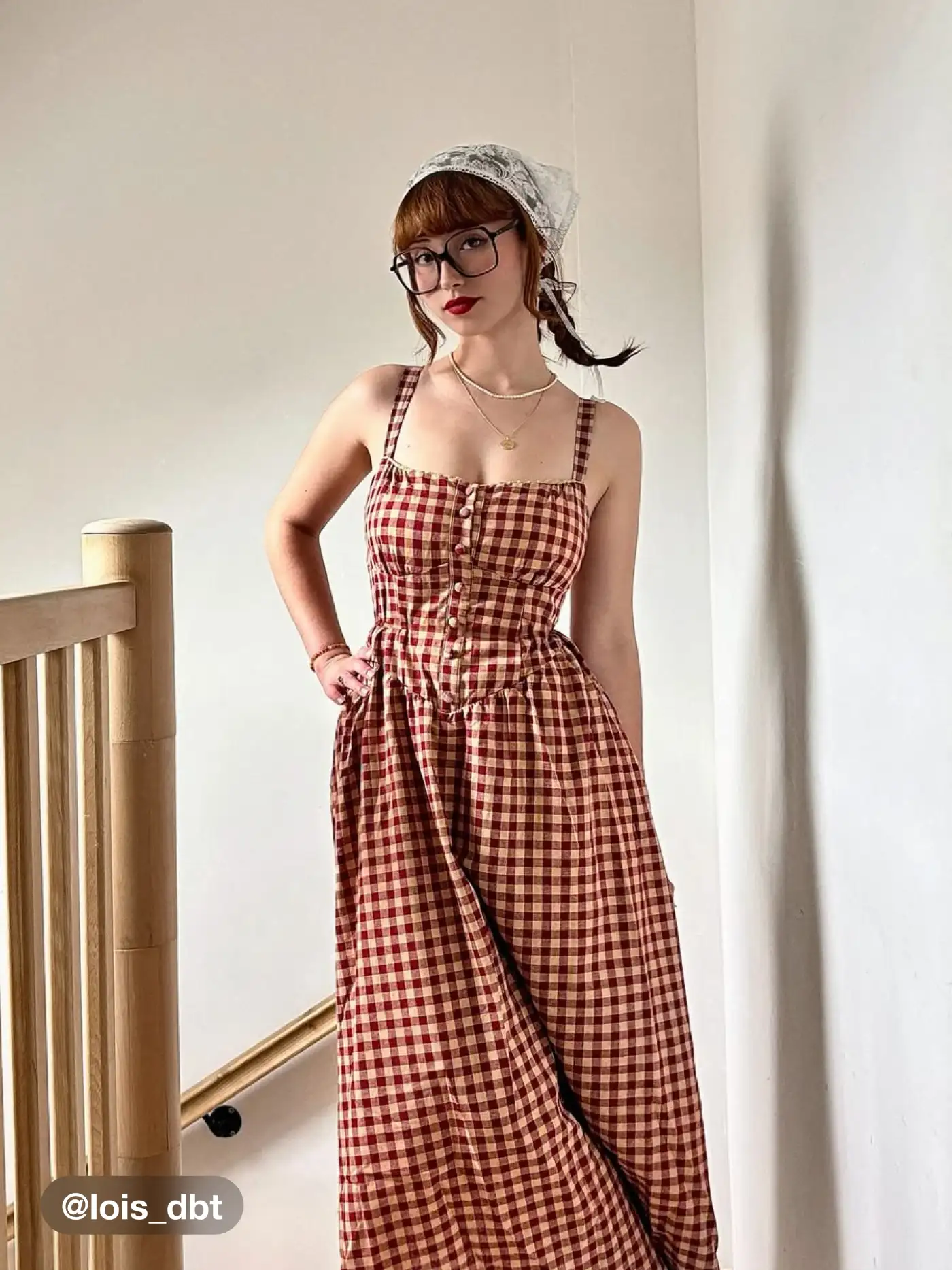 Cider Square Neck Gingham Dress in Wine - Large