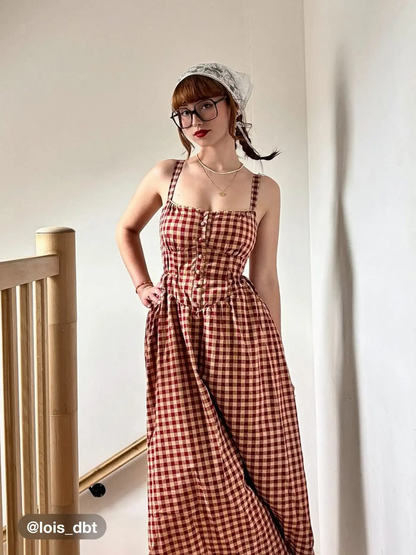 Cider Square Neck Gingham Dress in Wine - Large