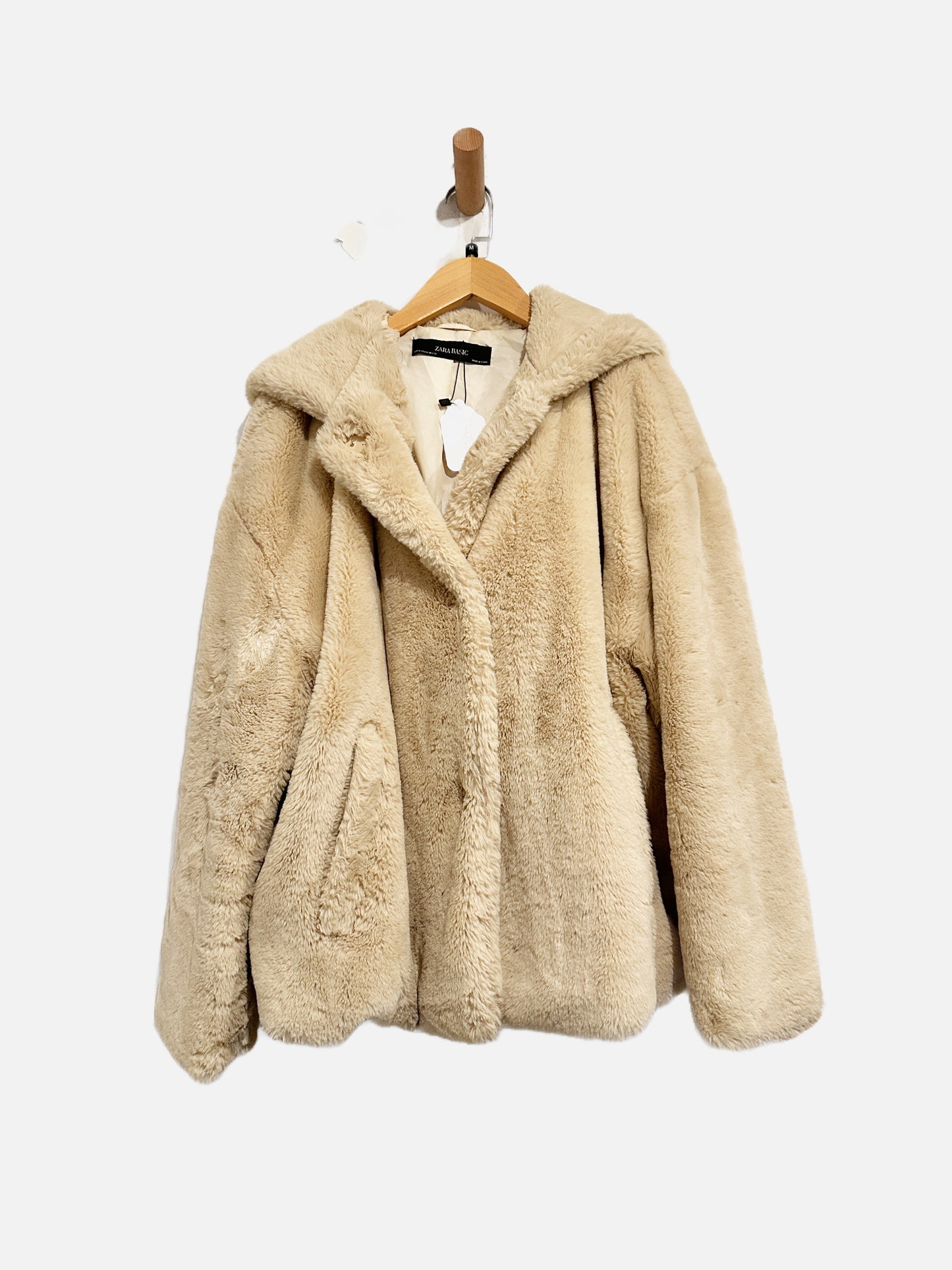 Zara Faux Fur Tan Hooded Jacket - Medium