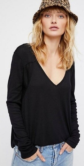 Free People Black Ribbed V-Neck LS - Small