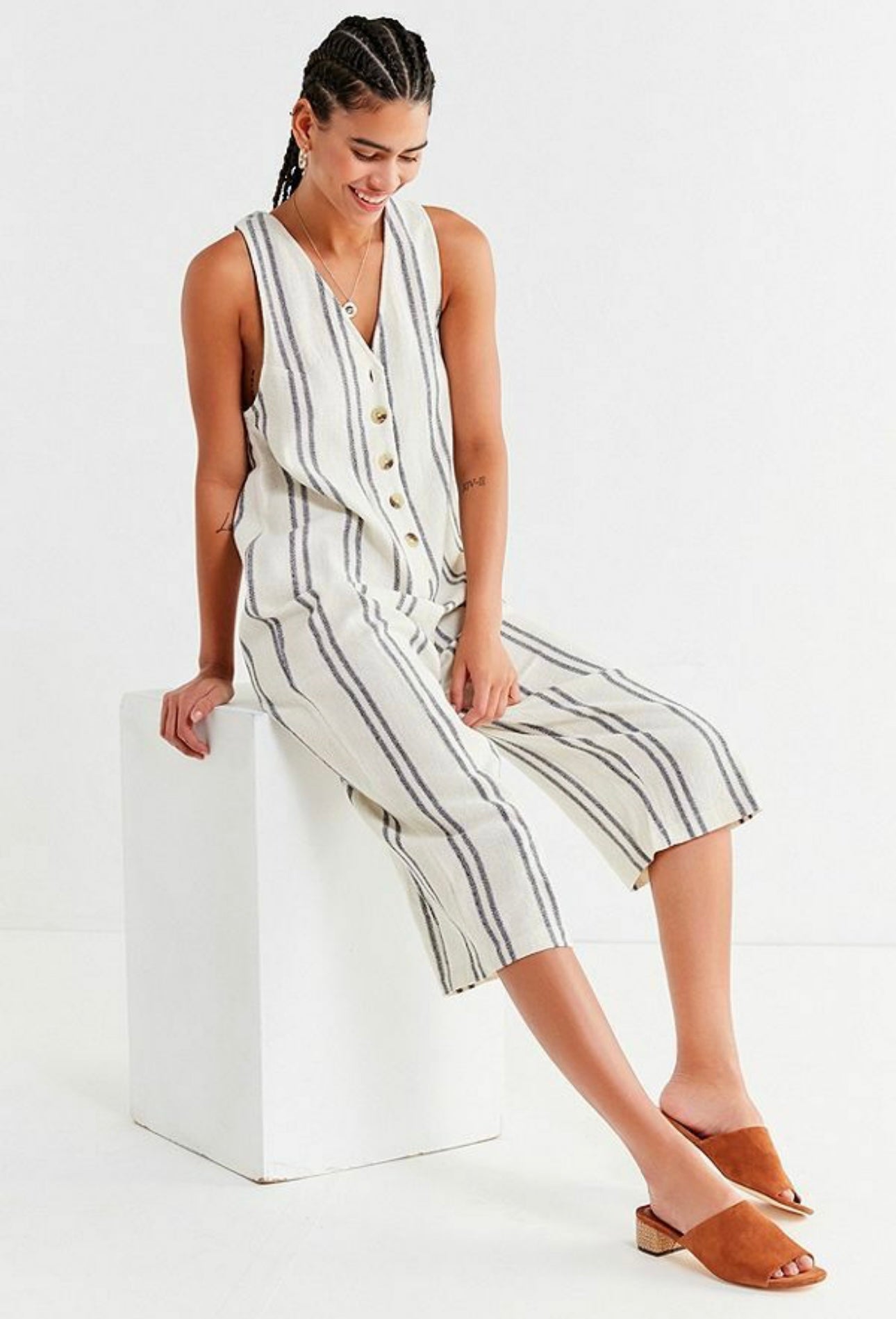 Urban Outfitters Blue Stripe Linen Jumpsuit - Small