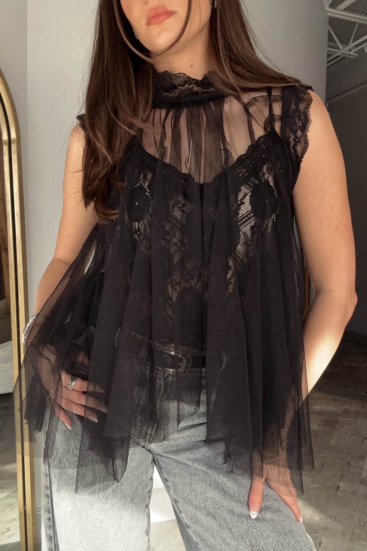 Millibon Black Tulle and Lace Top - Small