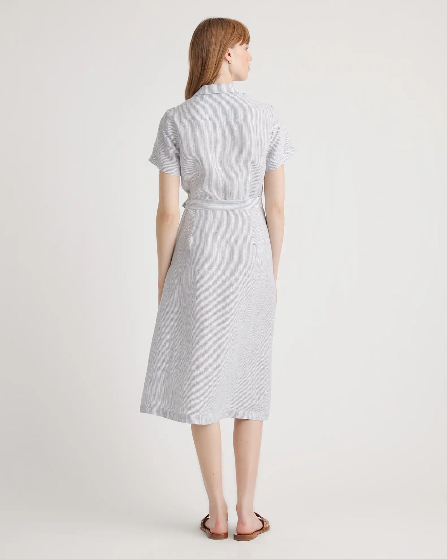 Quince European Linen Button Front Dress in Blue Pinstripe - XS
