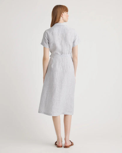 Quince European Linen Button Front Dress in Blue Pinstripe - XS