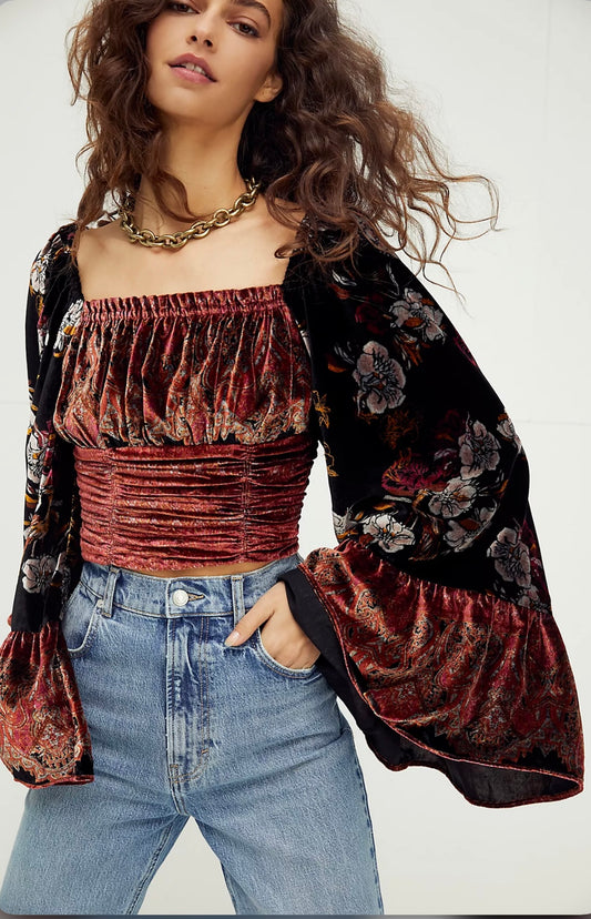 Free People Catching Feelings Black Velvet Blouse - Medium