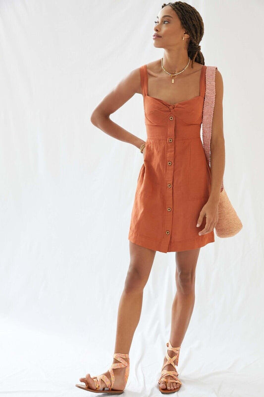 Anthropologie Maeve Orange Linen Button Front Dress - Large