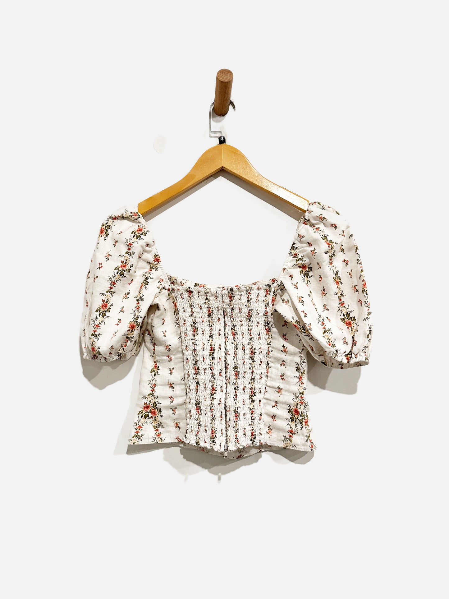 Reformation White Floral Puff Sleeve Linen Top - 2