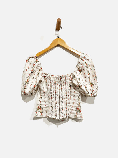 Reformation White Floral Puff Sleeve Linen Top - 2
