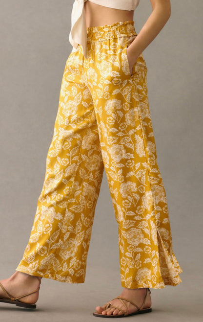 Anthropologie Yellow Floral Wide Leg Pants - Large