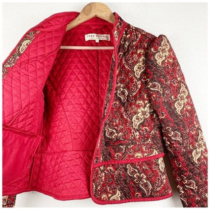 Free People Zoey Quilted Jacket in Cherry Combo Size Small