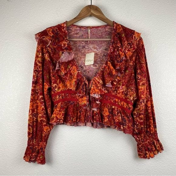 Free People Rudi Ruffle Top in Cherry Combo Size Small