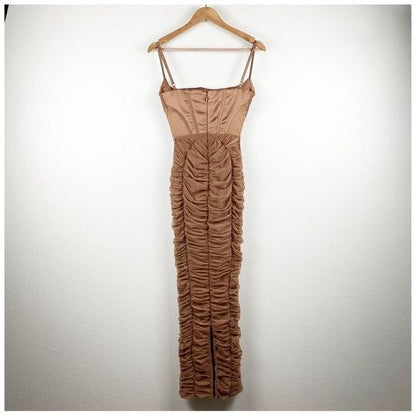 House of CB Lillian Corset Ruched Maxi Dress Mocha Size XS