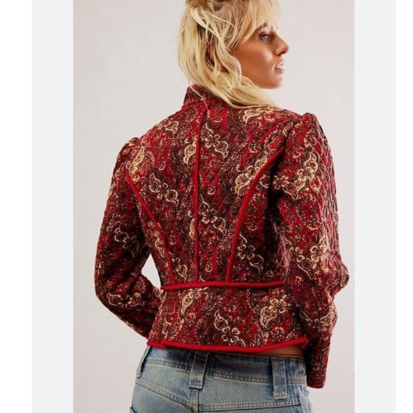 Free People Zoey Quilted Jacket in Cherry Combo Size Small