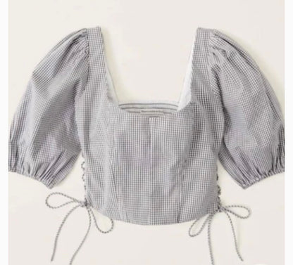 Abercrombie & Fitch Blue Gingham Puff Sleeve Blouse - Large