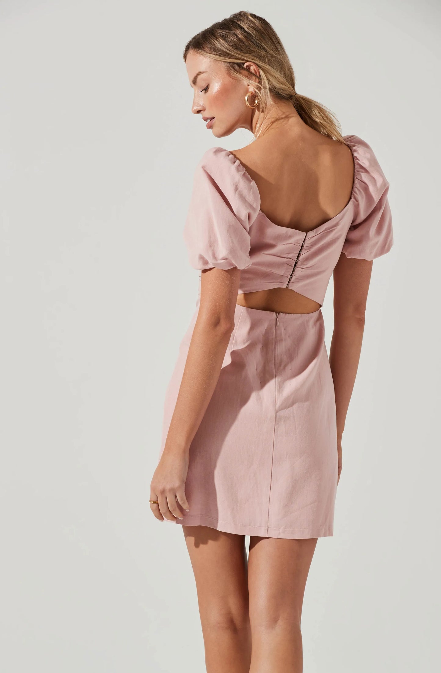 ASTR Pink Linen Poof Sleeve Mini Dress - XS