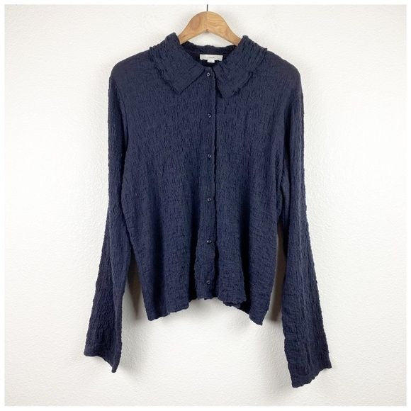 Vince Smocked Long-Sleeve Button-Front Shirt in Coastal Blue Size Large